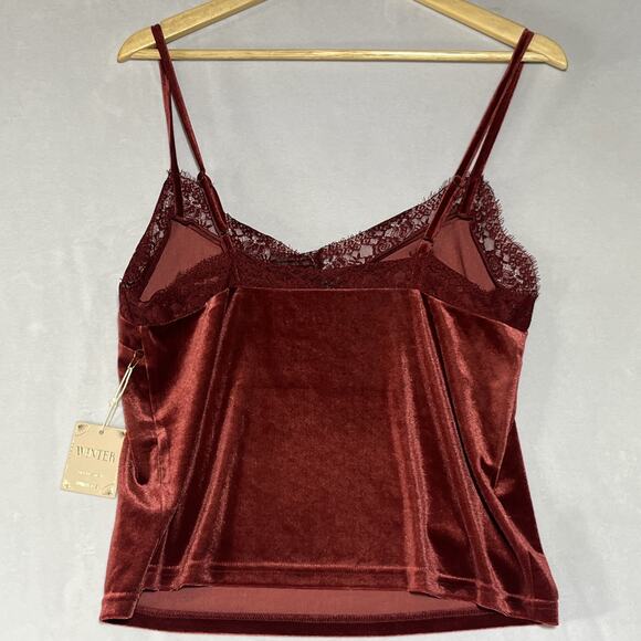 Velvet and Lace Tank Top Womens Medium Red V Neck Cropped Holiday - Picture 2 of 7